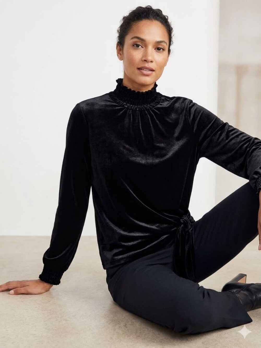J Jill black velvet smocked turtleneck side tie top, size L